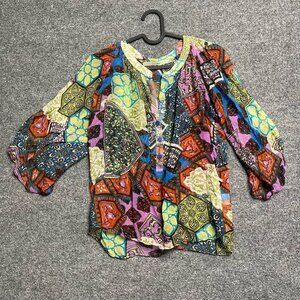 Gibson Womens Tunic Top Multicolor Abstract Pullover Silk Buttons Flowy Boho S